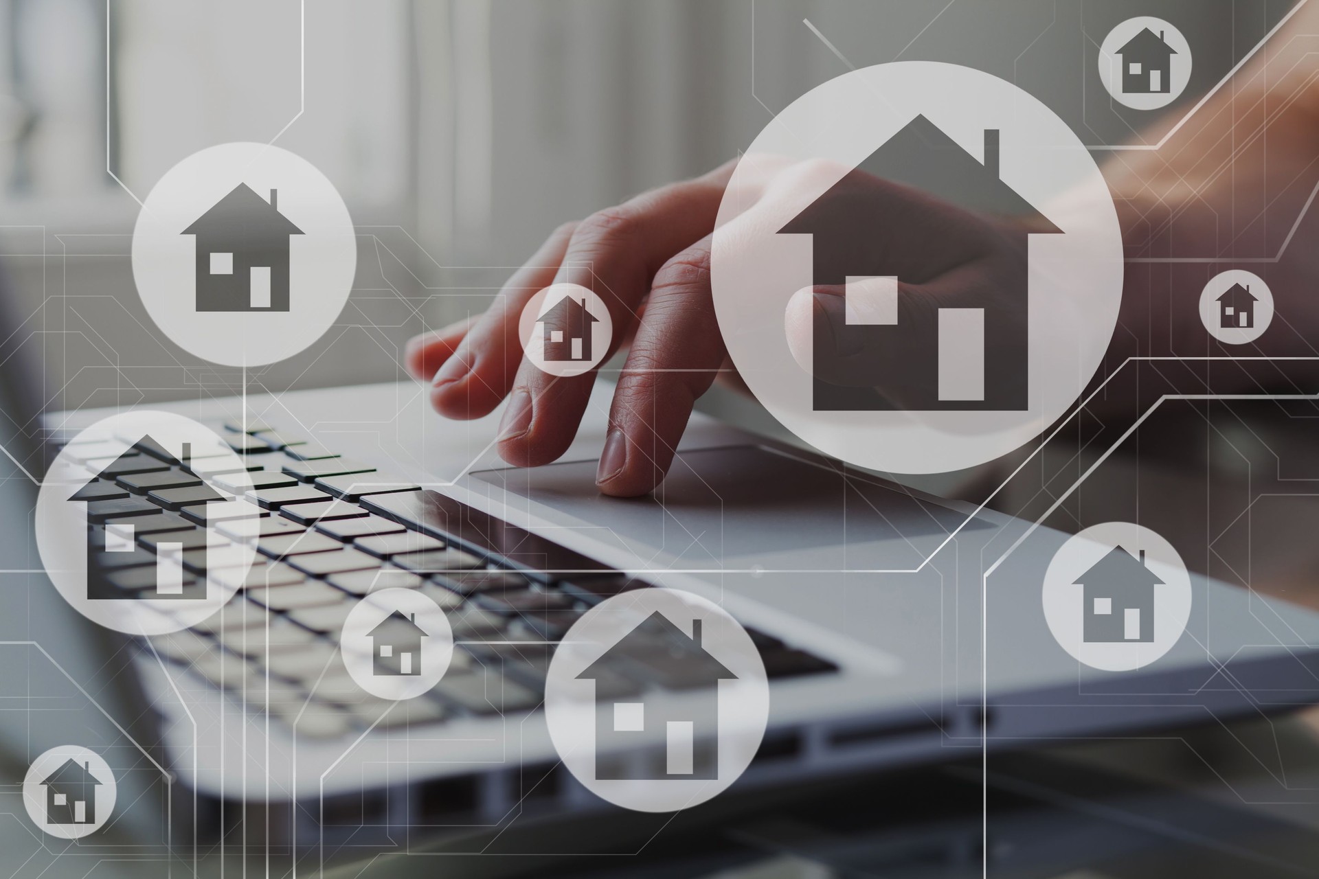 Real estate concept. Houses on schema diagram. Person search, compare and select proper rent apartment in laptop.